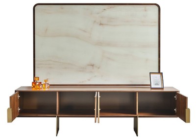 Casa Padrino Luxus Wohnzimmer TV Schrank Set Braun / Creme / Messing - 1 TV Schrank & 1 TV Rückwand & 1 Vitrine & 1 Regalschrank - Wohnzimmer Möbel - Massivholz Möbel - Luxus Möbel