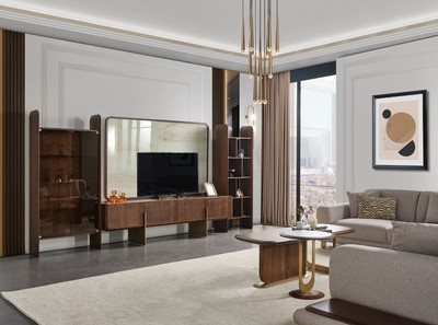 Casa Padrino Luxus Wohnzimmer TV Schrank Set Braun / Creme / Messing - 1 TV Schrank & 1 TV Rückwand & 1 Vitrine & 1 Regalschrank - Wohnzimmer Möbel - Massivholz Möbel - Luxus Möbel