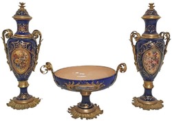 Barock Keramik Deko Vasen Set mit Schale Blau Mehrfarbig Messing Baroque Ceramic Decorative Vase Set with Bowl Blue Multicolored Brass