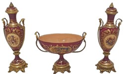 Barock Keramik Deko Vasen Set mit Schale Rot Mehrfarbig Messing Baroque Ceramic Decorative Vase Set with Bowl Red Multicolored Brass