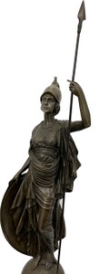 Casa Padrino Luxus Jugendstil Deko Skulptur Göttin mit Speer Bronze / Rot  22 x 26 x H. 108 cm - Große Bronze Skulptur mit Marmorsockel - XXL Bronze Figur - XXL Bronze Skulptur - Bronze Skulpturen