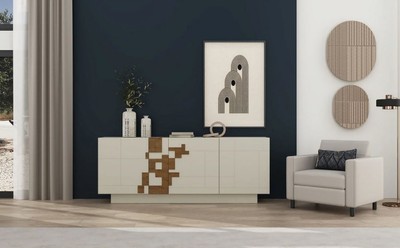 Casa Padrino Luxus Sideboard Creme / Braun 220 x 50,8 x H. 85 cm - Massivholz Schrank mit 4 Türen - Massivholz Möbel - Luxus Möbel - Luxus Einrichtung