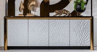 Casa Padrino buffet de luxe noir / blanc gris / or 220 x 52 x H. 87,5 cm - Armoire en bois massif noble avec 4 portes - Meuble de luxe - Ameublement de luxe