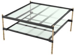 Casa Padrino luxury coffee table vintage brass / black 89 x 87.5 x H. 44 cm - Living room table with glass tops and genuine leather - Living room furniture - Hotel furniture - Luxury furniture