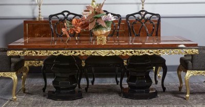 Casa Padrino table à manger baroque de luxe marron / noir / or - Table de salle à manger bois massif fait main - Meuble de salle à manger de luxe de style baroque - Meuble baroque