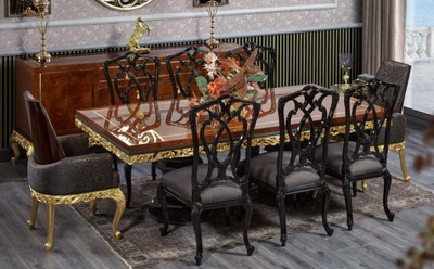 Casa Padrino conjunto de comedor barroco de lujo marrón / negro / oro - 1 Mesa de Comedor Barroco y 8 Sillas de Comedor Barrocos - Muebles de comedor de lujo en estilo barroco - Muebles barrocos