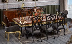 Casa Padrino conjunto de comedor barroco de lujo marrón / negro / oro - 1 Mesa de Comedor Barroco y 8 Sillas de Comedor Barrocos - Muebles de comedor de lujo en estilo barroco - Muebles barrocos