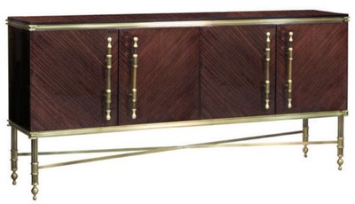 Casa Padrino Luxus Sideboard Dunkelbraun Hochglanz / Matt Gold 222 x 52 x H. 100 cm - Edler Massivholz Schrank mit 4 Türen - Luxus Möbel - Luxus Einrichtung
