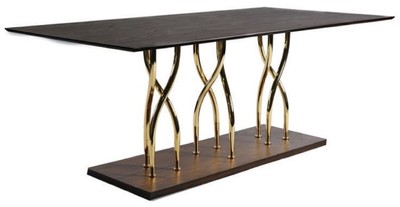 Casa Padrino table à manger de luxe marron foncé / or 200 x 100 x H. 78 cm - Table de cuisine rectangulaire en bois massif avec pieds en métal - Meuble de salle à manger - Meuble de luxe