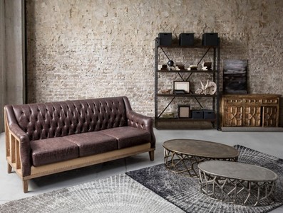 Casa Padrino Luxus Chesterfield Kunstleder Sofa Dunkelbraun / Naturfarben 194,5 x 85 x H. 85 cm - Wohnzimmer Sofa - Wohnzimmer Möbel - Chesterfield Möbel - Luxus Möbel - Luxus Einrichtung