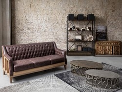Casa Padrino divano Chesterfield di lusso in pelle artificiale marrone scuro / naturale 194,5 x 85 x A. 85 cm - Divano del soggiorno - Mobili per soggiorno - Mobili Chesterfield - Mobili di lusso