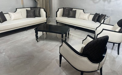 Casa Padrino luxury Art Deco living room set natural / black / gold - 2 Art Deco Sofas & 2 Art Deco Armchairs & 1 Art Deco Coffee Table - Living room furniture - Luxury art deco furniture