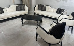 Casa Padrino luxury Art Deco living room set natural / black / gold - 2 Art Deco Sofas & 2 Art Deco Armchairs & 1 Art Deco Coffee Table - Living room furniture - Luxury art deco furniture