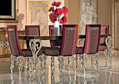 Casa Padrino conjunto de comedor barroco de lujo marrón / rojo burdeos / plata antigua - 1 Mesa de Comedor Barroco y 6 Sillas de Comedor Barrocos - Muebles de comedor barroco - Hecho en Italia