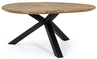 Casa Padrino Luxus Gartentisch Naturfarben / Schwarz Ø 160 x H. 77 cm - Garten Esstisch mit Teakholz Tischplatte und Aluminium Beinen - Garten & Terrassen Tisch - Luxus Garten & Terrassen Möbel