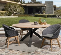 Casa Padrino luxury garden table natural / black Ø 160 x H. 77 cm - Garden dining table with teak top and aluminum legs - Garden & patio table - Luxury garden & patio furniture