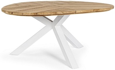 Casa Padrino Luxus Gartentisch Naturfarben / Weiß Ø 160 x H. 77 cm - Garten Esstisch mit Teakholz Tischplatte und Aluminium Beinen - Garten & Terrassen Tisch - Luxus Garten & Terrassen Möbel