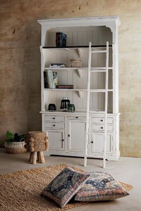 Casa Padrino Landhausstil Schrank mit Leiter Antik Weiß 143,5 x 40,6 x H. 233,7 cm - Bücherschrank - Regalschrank - Wohnzimmerschrank - Büroschrank - Landhausstil Möbel
