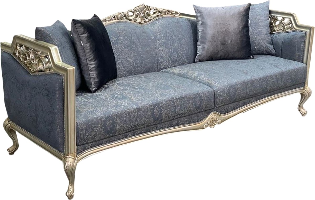 Casa Padrino luxury baroque Chesterfield sofa blue / silver / gold - Magnificent living room sofa - Luxury furniture in baroque style - Baroque style living room furniture - Noble & Magnificent Casa Padrino luxury baroque Chesterfield sofa blue / silver / gold - Magnificent living room sofa - Luxury furniture in baroque style - Baroque style living room furniture - Noble & Magnificent