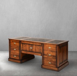 Casa Padrino bureau de style vintage de luxe marron 180 x 80 x H. 78,5 cm - Table de bureau avec 12 tiroirs - Meuble de bureau de style vintage - Meuble de bureau en bois massif de luxe