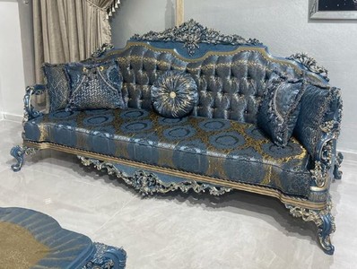Casa Padrino divano barocco di lusso blu / oro - Magnifico divano da soggiorno con motivo elegante - Mobili da soggiorno in stile barocco - Mobili di lusso in stile barocco