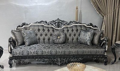 Casa Padrino divano barocco di lusso argento / bianco / nero / oro - Magnifico divano da soggiorno - Mobili da soggiorno in stile barocco - Mobili di lusso in stile barocco