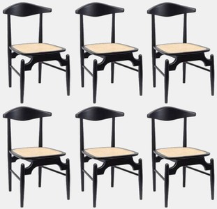 Casa Padrino ensemble de 6 chaises de salle à manger de luxe noir / naturel 53 x 54 x H. 85 cm - Chaises de cuisine de luxe en bois massif avec assise en rotin - Meubles de salle à manger de luxe