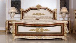 Luxus Barock Massivholz Bett Doppelbett Weiß Beige Braun Gold Luxury Baroque Solid Wood Bed Double Bed White Beige Brown Gold