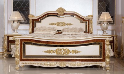 Casa Padrino luxury baroque bedroom set white / beige / brown / gold - 1 Baroque Double Bed with Headboard & 2 Baroque Bedside Tables - Luxury bedroom furniture in baroque style - Baroque furniture