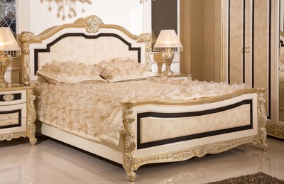 Casa Padrino luxury baroque double bed white / beige / black / gold - Magnificent baroque style bed - Luxury bedroom furniture in baroque style - Baroque bedroom furniture - Baroque furnishings