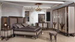 Casa Padrino set per camera da letto barocco di lusso grigio / marrone scuro / oro - 1 Letto Matrimoniale Barocco con Testiera e 2 Comodini Barocchi - Mobili camera da letto di lusso stile barocco