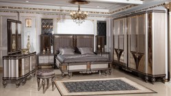 Casa Padrino set per camera da letto barocco di lusso grigio / marrone scuro / oro - 1 Letto Matrimoniale Barocco con Testiera e 2 Comodini Barocchi - Mobili camera da letto di lusso stile barocco