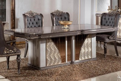 Casa Padrino table à manger baroque de luxe gris / marron foncé / or - Table de cuisine rectangulaire de style baroque - Meuble de salle à manger baroque de luxe - Ameublement baroque