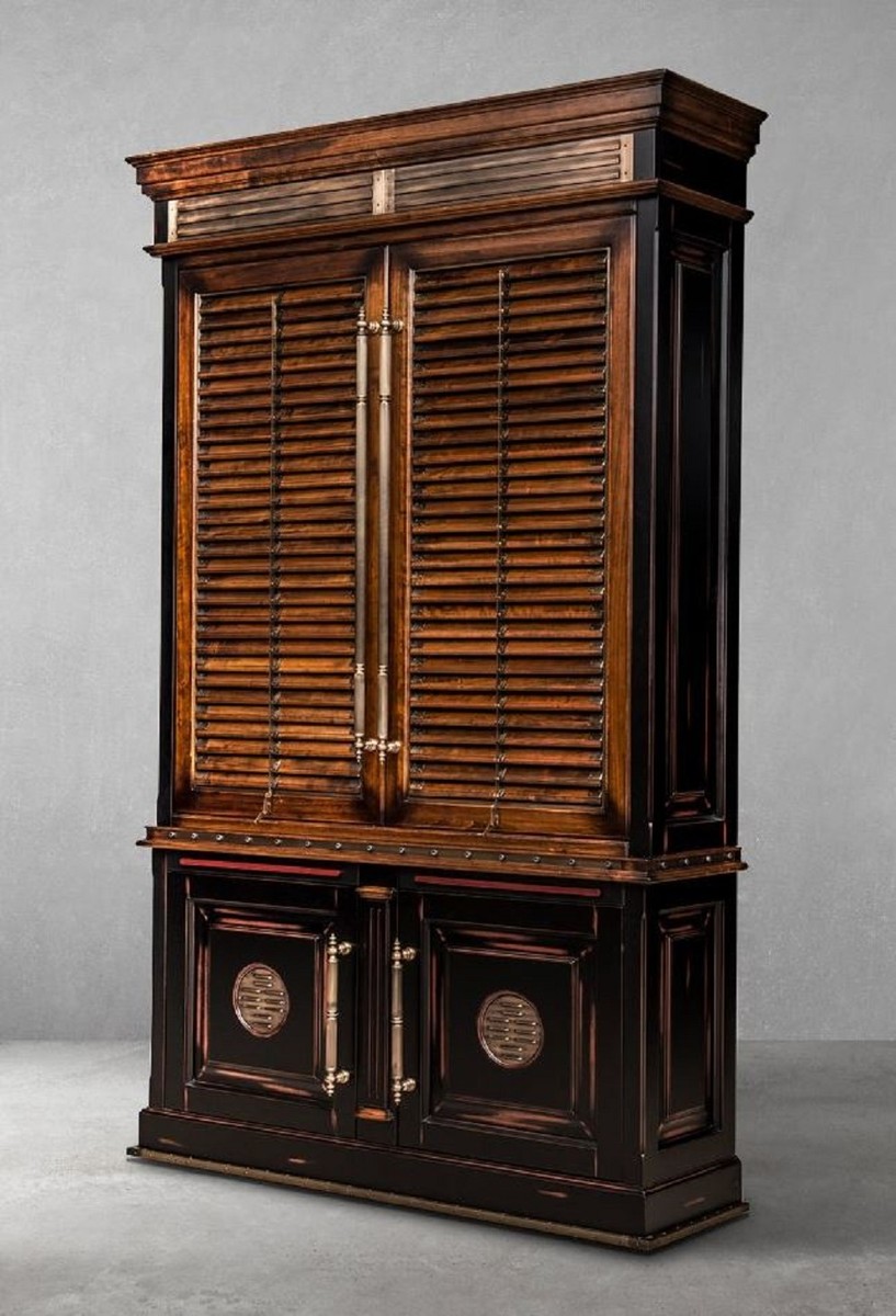 Casa Padrino armario de libros de estilo vintage de lujo marrón / natural / negro 146,5 x 46 x A. 247 cm - Armario estantería - Armario de salón - Armario de oficina - Muebles madera maciza de lujo