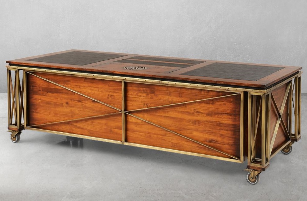 Casa Padrino escritorio de estilo vintage de lujo marrón / latón / negro 234 x 98,5 x A. 75 cm - Mesa de oficina de madera maciza con ruedas - Muebles de oficina estilo vintage