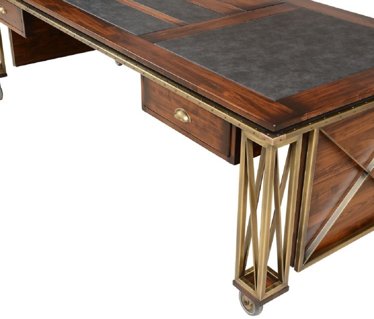Casa Padrino escritorio de estilo vintage de lujo marrón / latón / negro 234 x 98,5 x A. 75 cm - Mesa de oficina de madera maciza con ruedas - Muebles de oficina estilo vintage