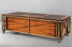 Casa Padrino luxury vintage style desk brown / brass / black 234 x 98.5 x H. 75 cm - Solid wood office table with wheels - Vintage style office furniture - Luxury office furniture