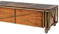 Casa Padrino luxury vintage style desk brown / brass / black 234 x 98.5 x H. 75 cm - Solid wood office table with wheels - Vintage style office furniture - Luxury office furniture