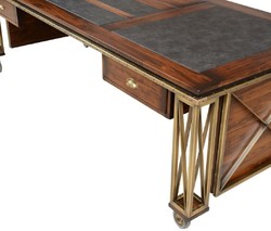 Casa Padrino luxury vintage style desk brown / brass / black 234 x 98.5 x H. 75 cm - Solid wood office table with wheels - Vintage style office furniture - Luxury office furniture