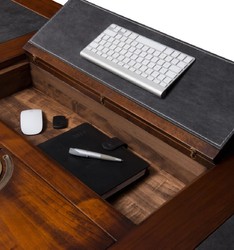 Casa Padrino luxury vintage style desk brown / brass / black 234 x 98.5 x H. 75 cm - Solid wood office table with wheels - Vintage style office furniture - Luxury office furniture
