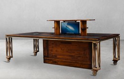 Casa Padrino scrivania in stile vintage di lusso marrone / ottone / nero 270 x 120 x A. 76 cm - Tavolo da ufficio in legno massello con ruote - Mobile per ufficio in stile vintage di lusso