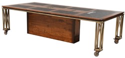 Casa Padrino scrivania in stile vintage di lusso marrone / ottone / nero 270 x 120 x A. 76 cm - Tavolo da ufficio in legno massello con ruote - Mobile per ufficio in stile vintage di lusso