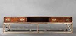 Casa Padrino Luxury Vintage Style TV Cabinet Brown / Brass 188 x 45.5 x H. 41.5 cm - Vintage Style Sideboard with 2 Drawers - Vintage Style Living Room Furniture - Luxury Living Room Furniture