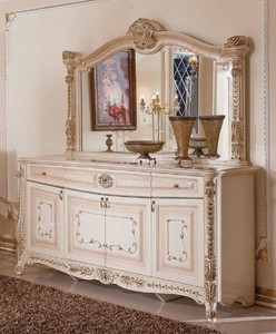 Casa Padrino set di mobili barocco di lusso bianco / beige / oro - 1 Credenza Barocco con 4 Ante e 3 Cassetti e 1 Specchio da Parete Barocco - Mobili di lusso in stile barocco - Mobili barocchi