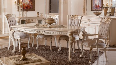 Casa Padrino conjunto de comedor barroco de lujo gris / blanco / beige / oro - 1 Mesa de Comedor Barroco y 6 Sillas de Comedor Barrocos - Muebles de comedor de lujo estilo barroco - Muebles barrocos