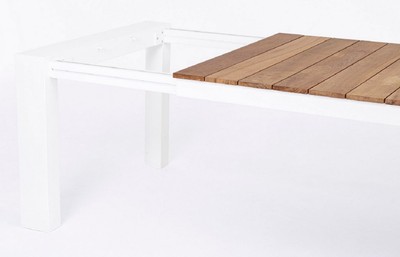 Casa Padrino Luxus Gartentisch Naturfarben / Weiß 253-384 x 110 x H. 75 cm - Ausziehbarer Garten Esstisch mit Teakholz Tischplatte und Aluminium Beinen - Luxus Garten & Terrassen Möbel