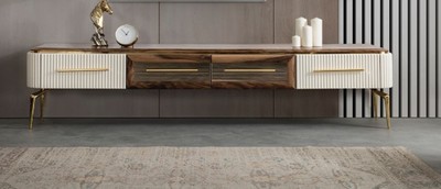 Casa Padrino luxury Art Deco TV cabinet brown / white / gold 235 x 48 x H. 48 cm - Living room sideboard with 4 drawers - Art Deco furniture - Living room furniture - Luxury furniture Casa Padrino luxury Art Deco TV cabinet brown / white / gold 235 x 48 x H. 48 cm - Living room sideboard with 4 drawers - Art Deco furniture - Living room furniture - Luxury furniture