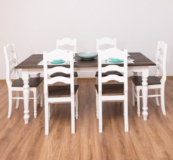 Landhausstil Massivholz Esszimmer Set Esstisch und 6 Stühle Weiß Dunkelbraun Country Style Solid Wood Dining Room Set Dining Table and 6 Chairs White Dark Brown Landhausstil Massivholz Esszimmer Set Esstisch und 6 Stühle Weiß Dunkelbraun Country Style Solid Wood Dining Room Set Dining Table and 6 Chairs White Dark Brown