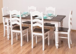 Landhausstil Massivholz Esszimmer Set Esstisch und 6 Stühle Weiß Dunkelbraun Country Style Solid Wood Dining Room Set Dining Table and 6 Chairs White Dark Brown