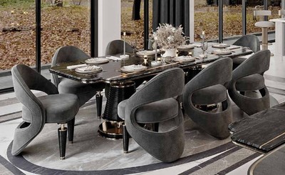 Casa Padrino set di mobili per sala da pranzo di lusso grigio / nero / oro - 1 Tavolo da Pranzo con Piano in Marmo Artificiale e 8 Sedie da Pranzo - Mobili per sala da pranzo - Mobili di lusso